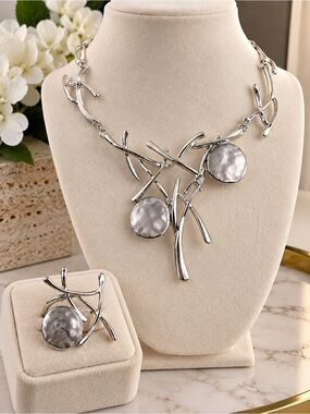 Artisan Silver-Tone Hammered Disc Necklace & Ring Set
